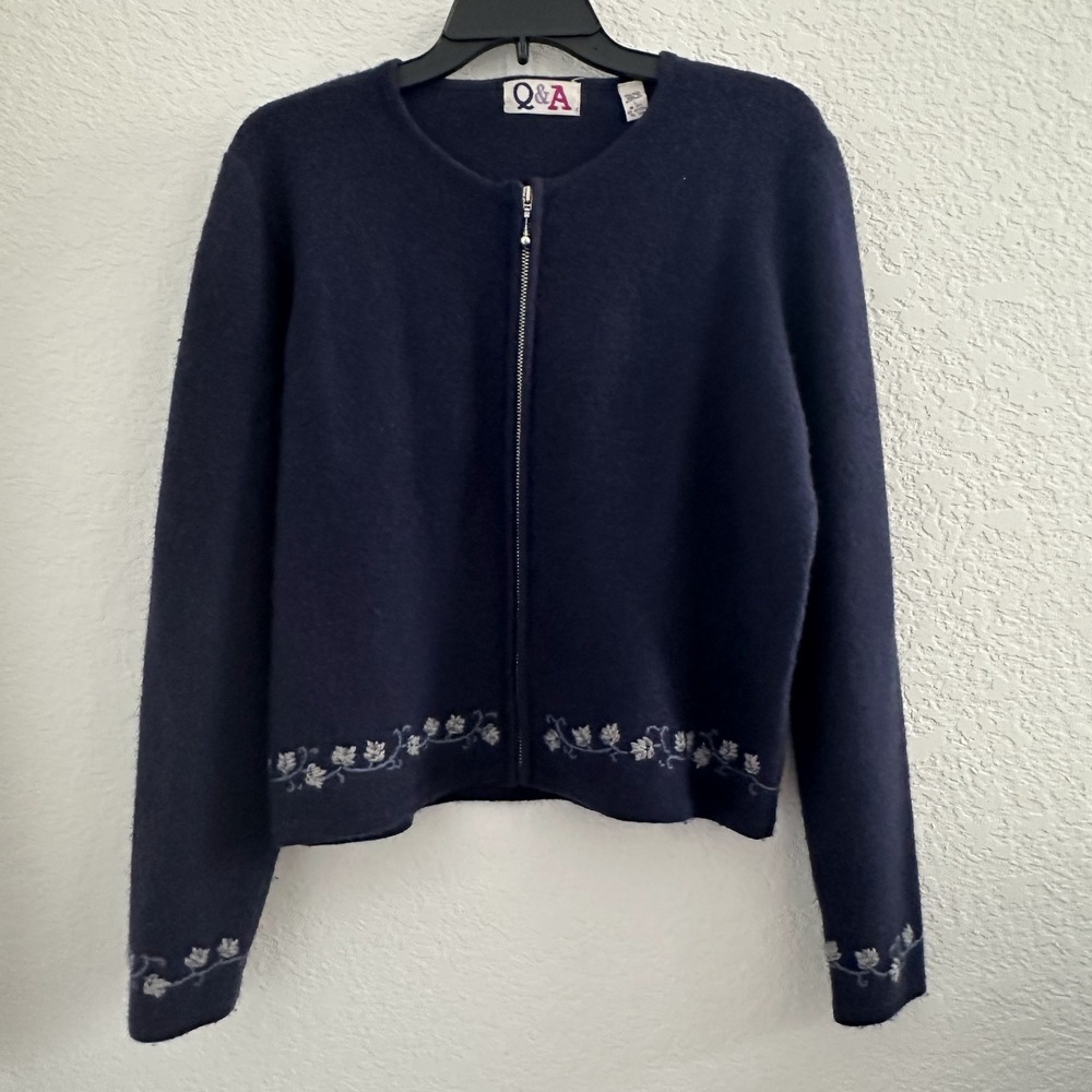 Q&A Sweater Cardigan Size L 100% Wool Embroidered Blue Zip Novelty Australia Vtg